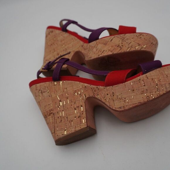 Kate Spade Penny Sandals Wedge Block Heels Red Purple Canvas Cork  Size 10M - Picture 6 of 7
